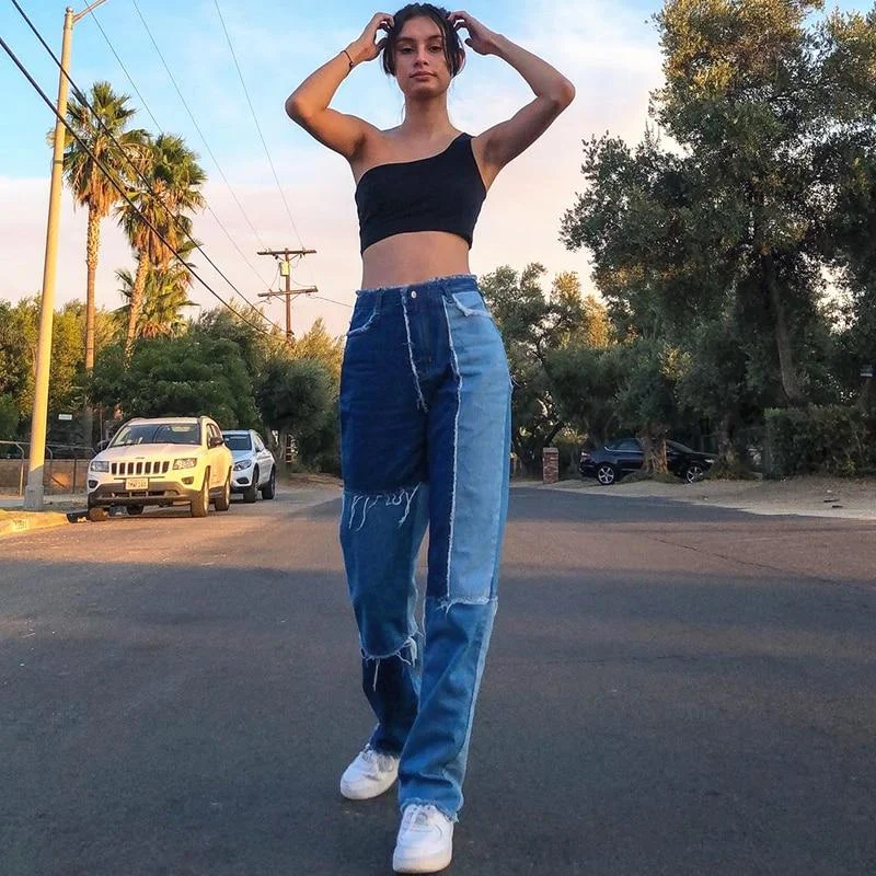 Vintage Women's Blue Patched Denim High Waist Straight Leg Jeans Pants