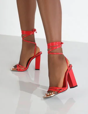 Amira Wide Fit Red PU Lace Up Block Heels