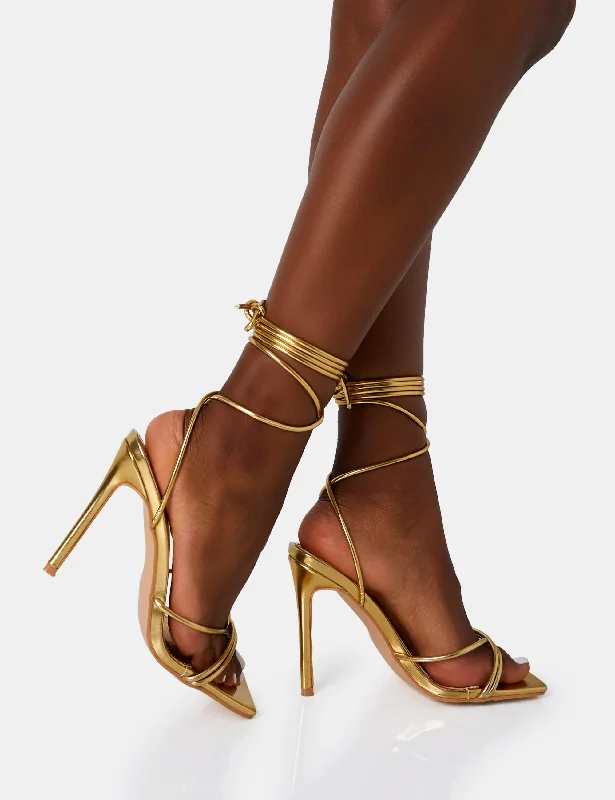 Dax Gold PU Barely There Lace Up Square Toe Stiletto Heels