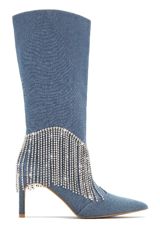 Faye Embellished Fringe Knee High Boots - Denim