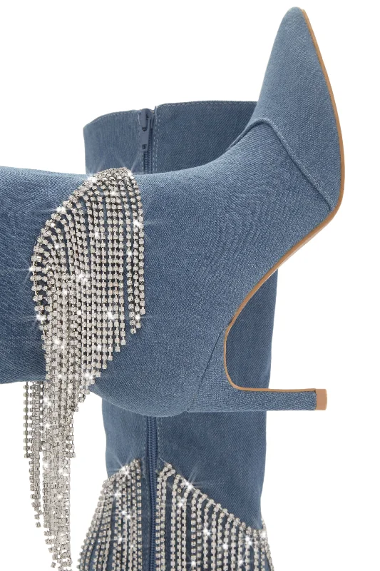 Faye Embellished Fringe Knee High Boots - Denim