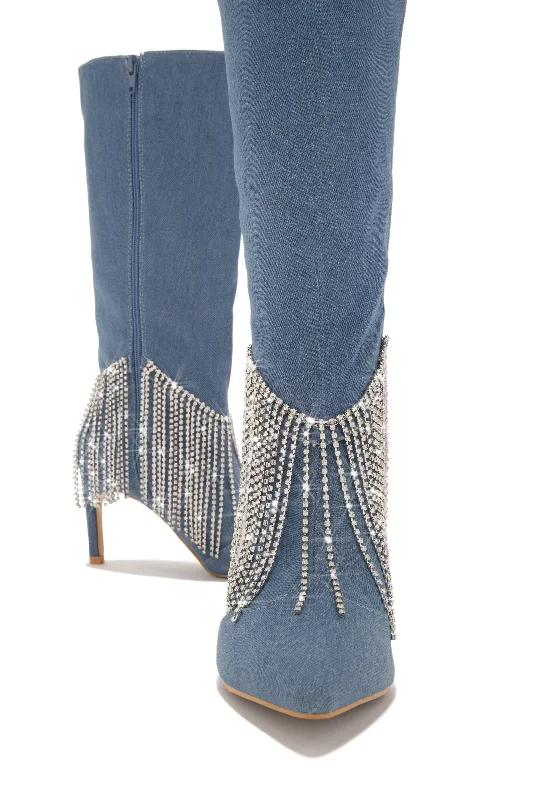 Faye Embellished Fringe Knee High Boots - Denim