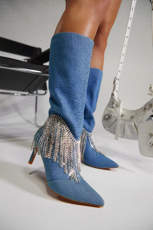 Faye Embellished Fringe Knee High Boots - Denim