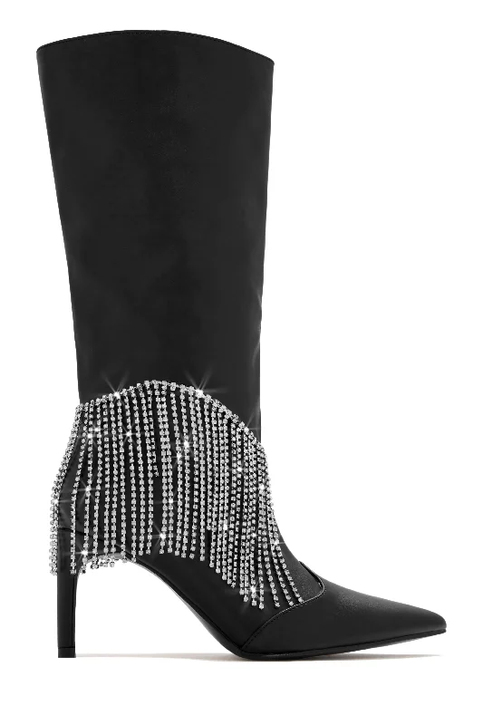 Faye Embellished Fringe Knee High Boots - Denim