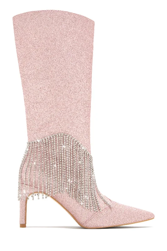 Faye Embellished Fringe Knee High Boots - Pink