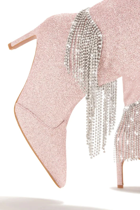 Faye Embellished Fringe Knee High Boots - Pink