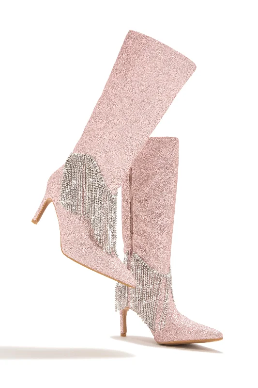 Faye Embellished Fringe Knee High Boots - Pink