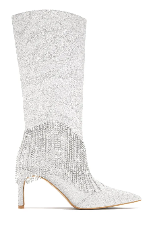 Faye Embellished Fringe Knee High Boots - Pink