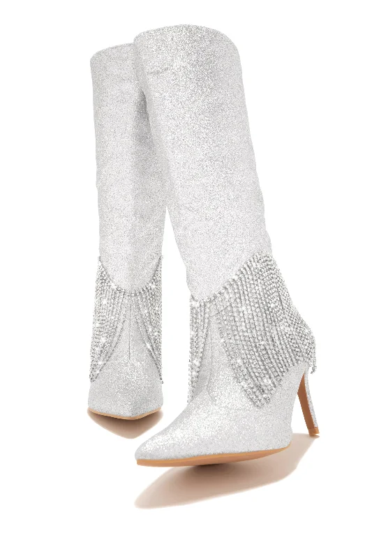 Faye Embellished Fringe Knee High Boots - Silver