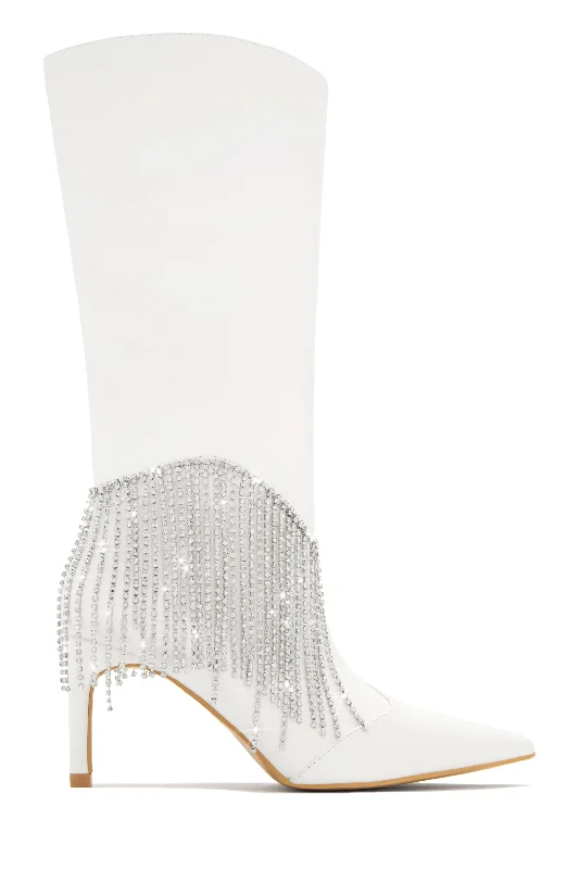 Faye Embellished Fringe Knee High Boots - Silver