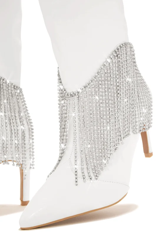 Faye Embellished Fringe Knee High Boots - White