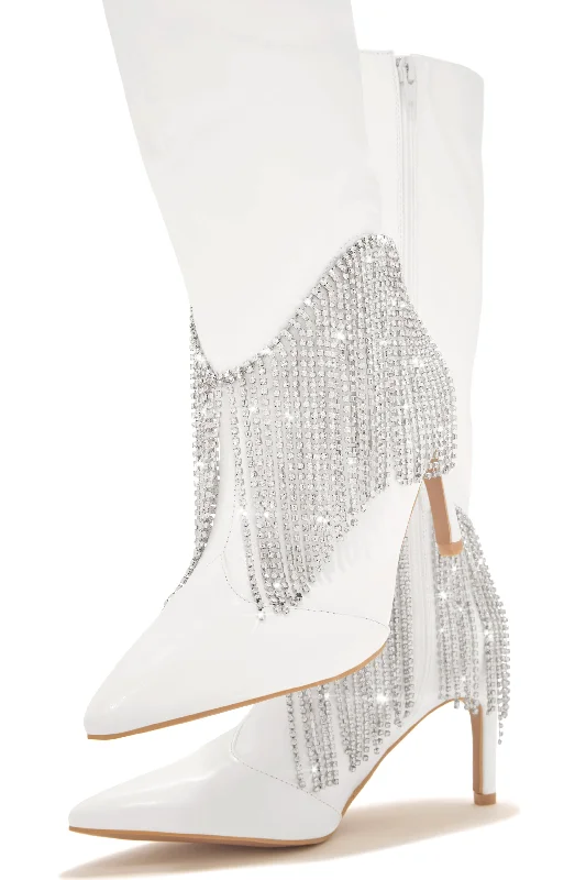 Faye Embellished Fringe Knee High Boots - White