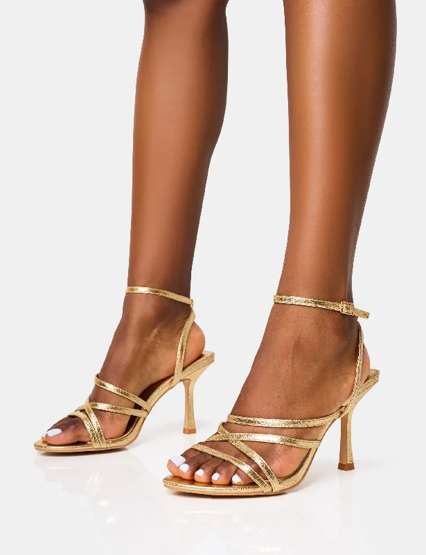 Free Spirit Wide Fit Gold Strappy Round Toe Mid Heels