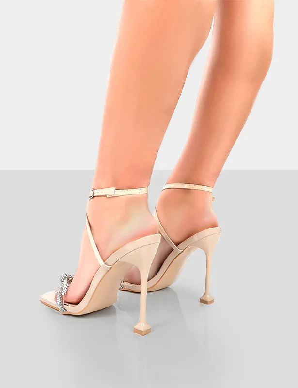 Glitter Nude Wrap Around Diamante Bow Square Toe Heels