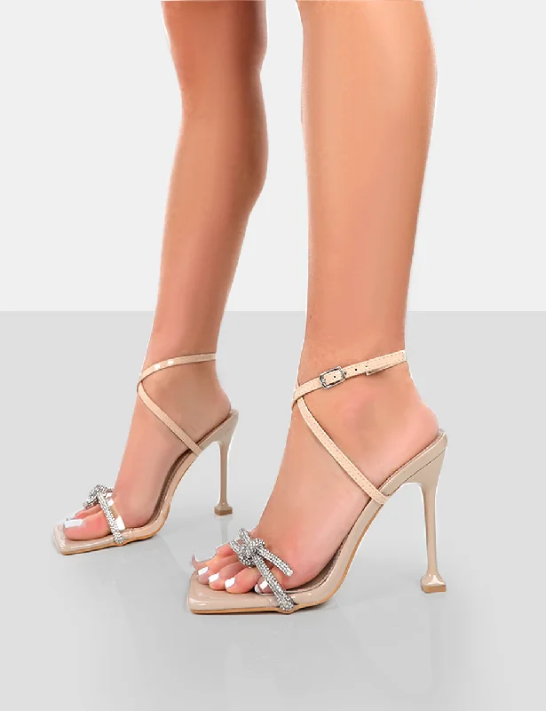 Glitter Nude Wrap Around Diamante Bow Square Toe Heels