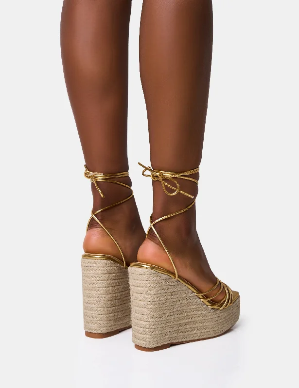 Heated Gold Strappy Lace Up Jute Wedges