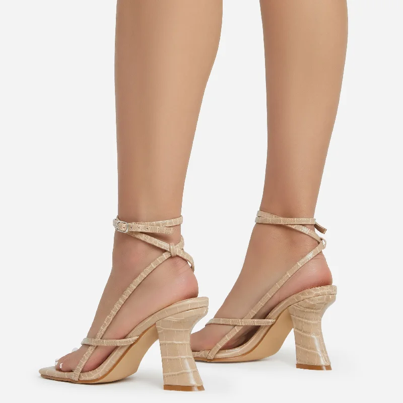 Matteo Strappy Square Toe Curved Low Block Heel In Nude Croc Print Faux Leather