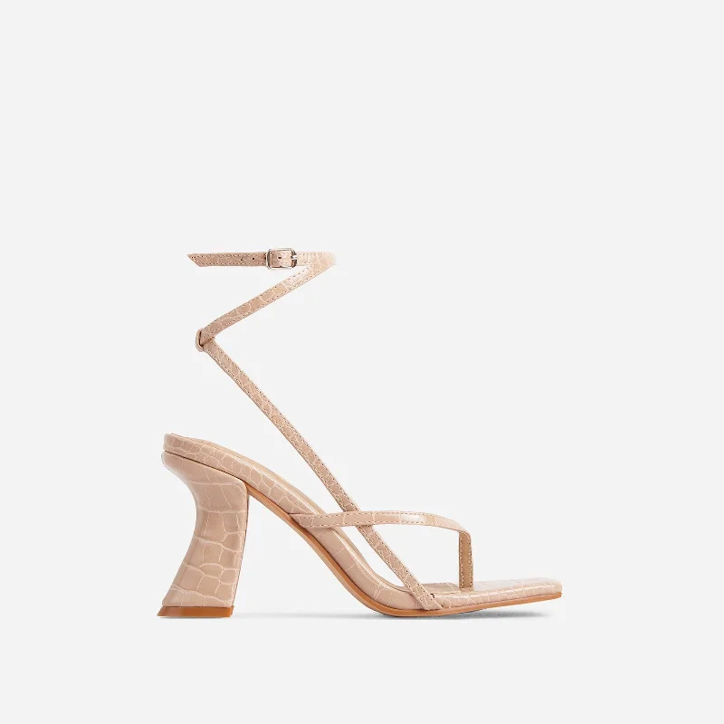 Matteo Strappy Square Toe Curved Low Block Heel In Nude Croc Print Faux Leather