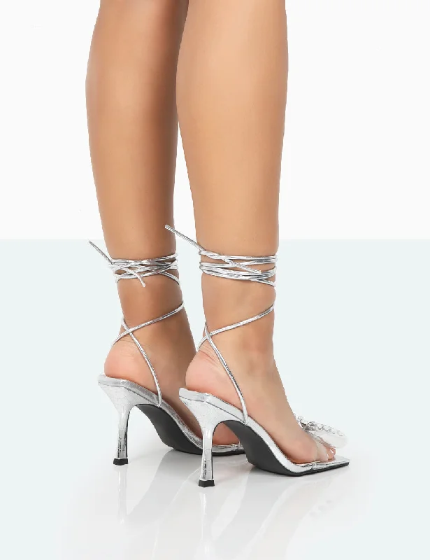 Peony Silver Croc PU Strappy Bow Square Toe Stiletto Heels