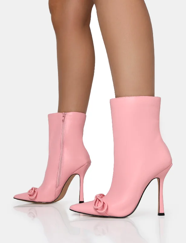 Rhia Pink Pu Bow Pointed Toe Stiletto Ankle Boots