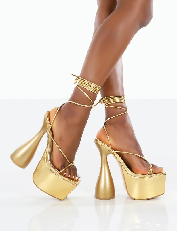 Story Wide Fit Gold PU Lace Up Cylinder Platform Heels