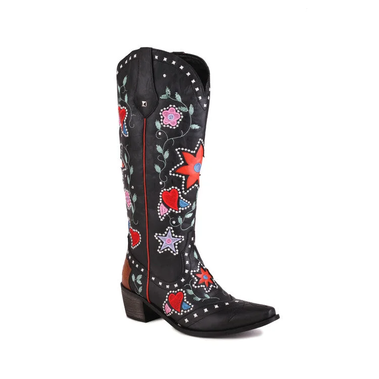 Women's Ethnic Love Hearts  Printed Low Heels Cowboy Mid Calf Boots