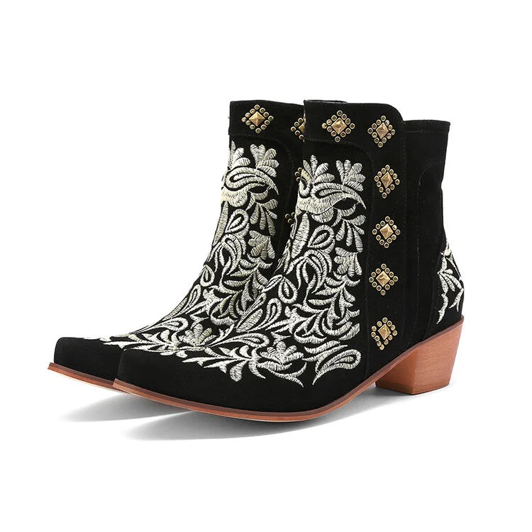 Women's Flock Pointed Toe Rivets Embroidery Puppy Heel Cowboy Short Boots