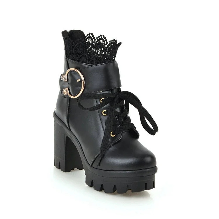 Women's Lace Up Buckles Lace Chunky Heel Platform Ankle Boots