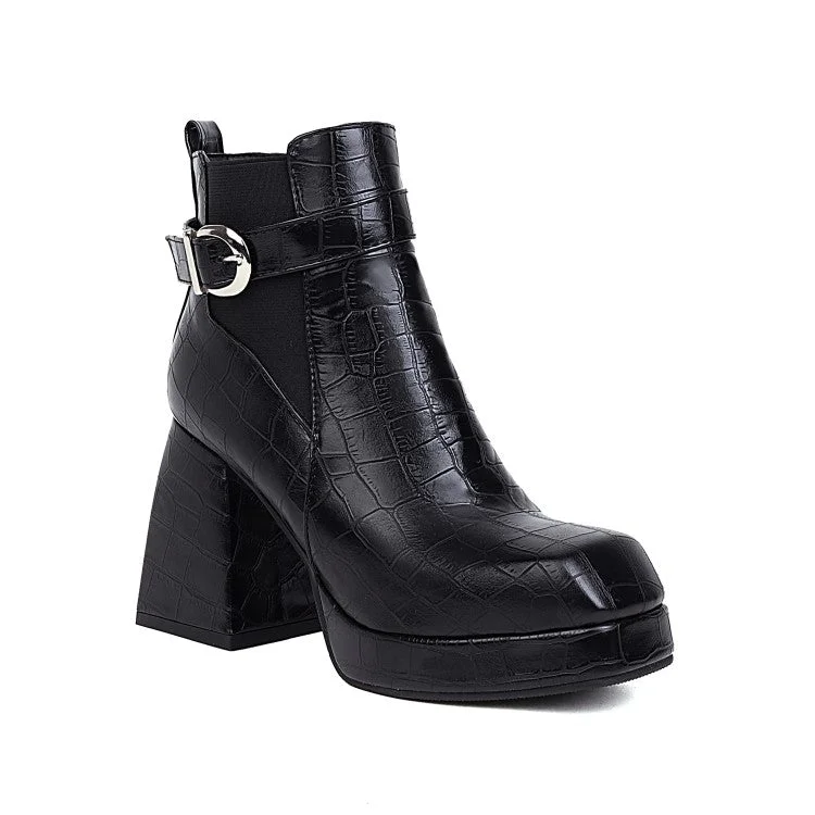 Women's Pattern Pu Leather Belts Buckles Block Heel Platform Short Boots