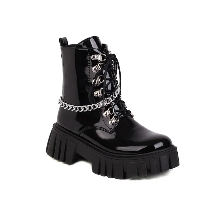 Ladies Pu Leather Metal Chains Lace Up Belts Platform Short Boots