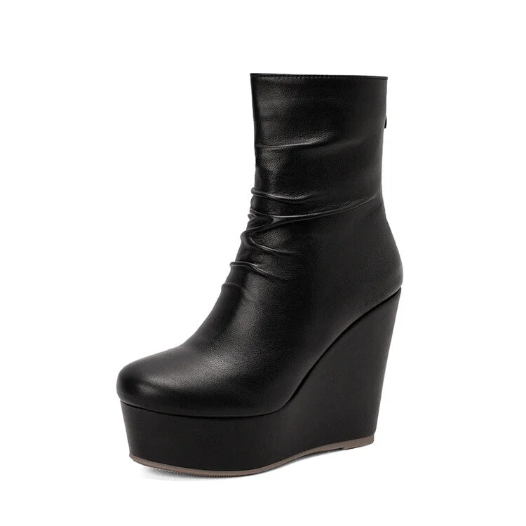 Women's Pu Leather Pleated Wedge Heel Platform Short Boots