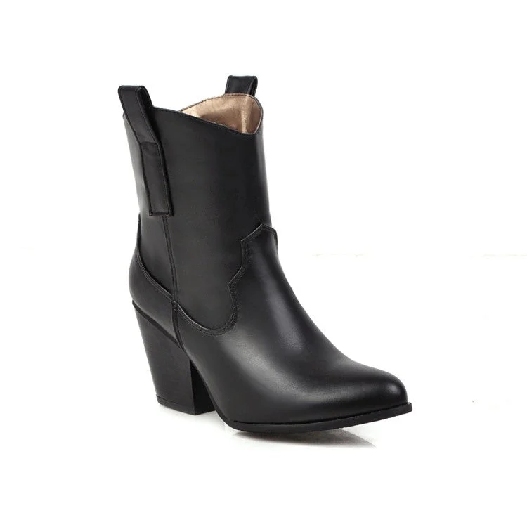 Ladies Pu Leather Pointed Toe Stitching Patchwork Block Heel Short Boots