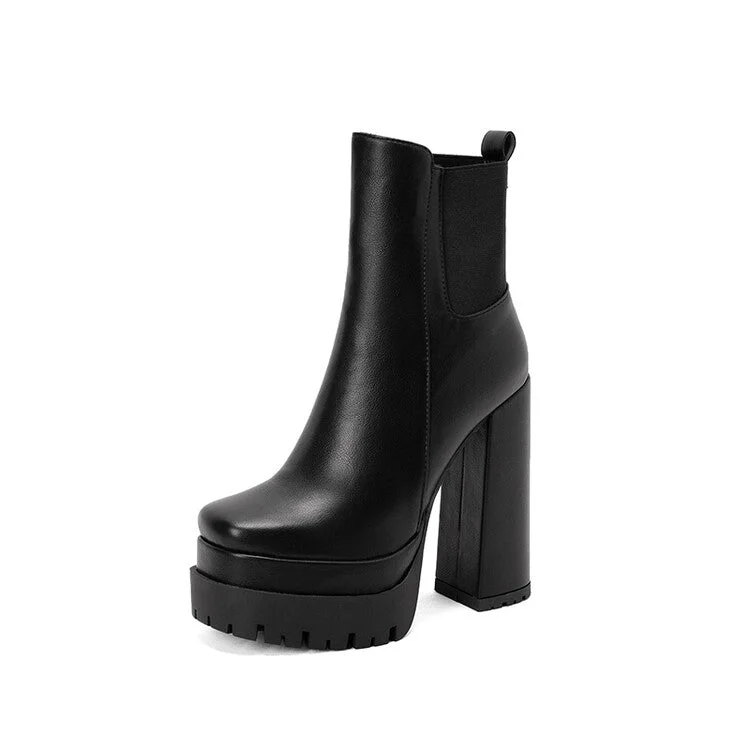 Women's Pu Leather Square Toe Side Zippers Block Heel Platform Short Boots