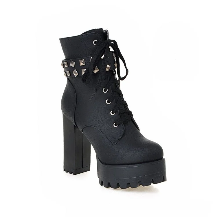 Ladies Retro Pu Leather Round Toe Tied Belts Rivets Block Heel Platform Short Boots