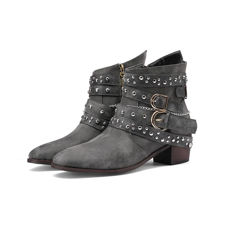 Women's Rivets Buckle Straps Side Zippers Puppy Heel Cowboy Short Boots