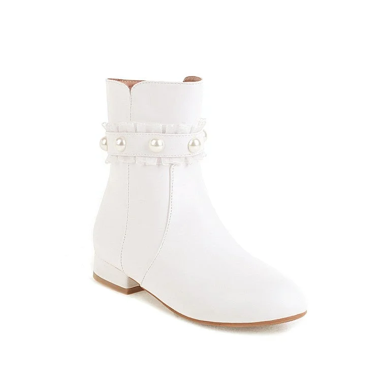 Women's Side Zippers Lace Pearls Low Heels Short Boots