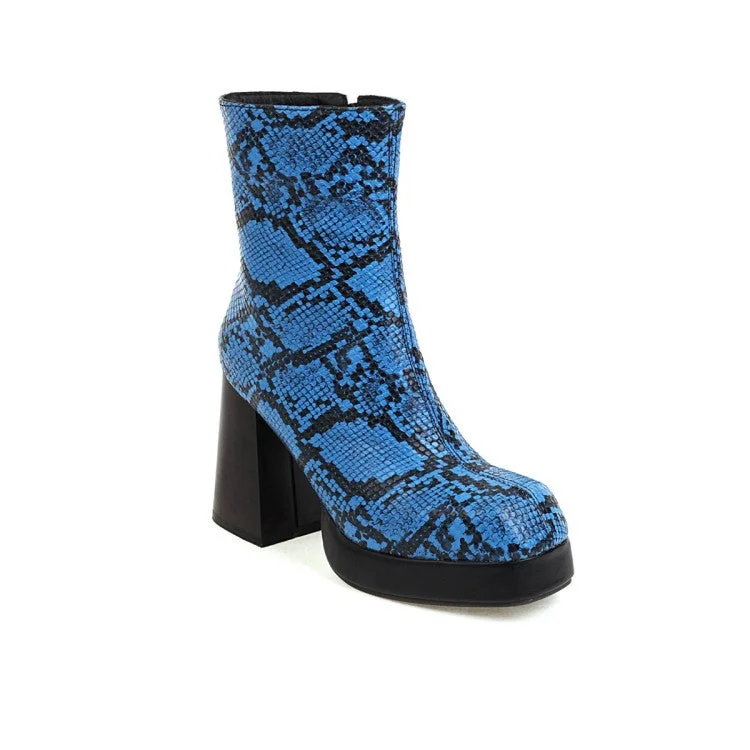 Women's Snake Printed Chunky Heel Side Zippers Platform Short Boots