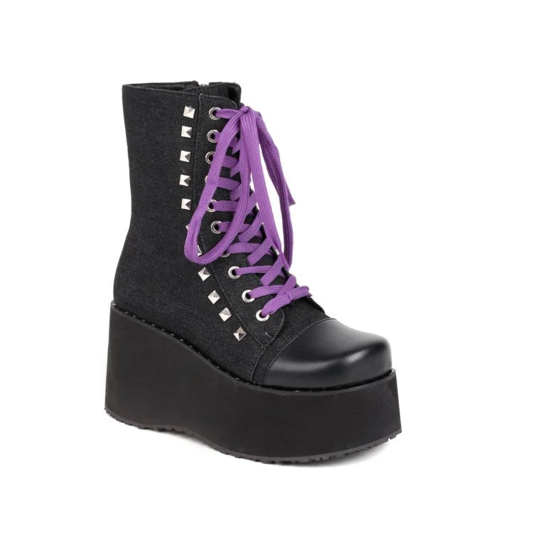 Women's Square Toe Bicolor Lace Up Wedge Heel Platform Short Boots