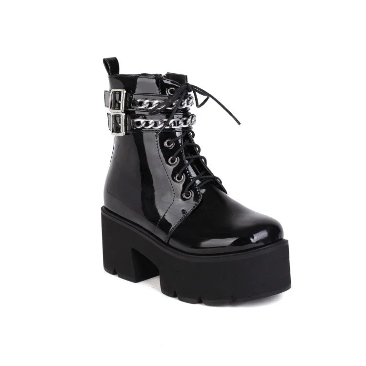 Ladies Square Toe Tied Belts Metal Chains Buckles Block Heel Platform Short Boots