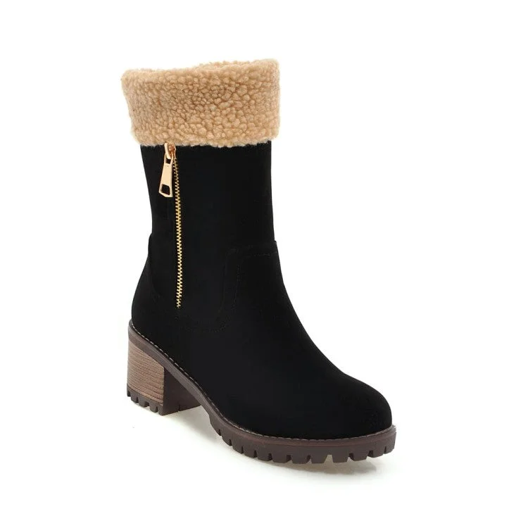 Ladies Suede Stitching Side Zippers Block Heel Short Boots