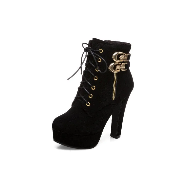 Women Zip Lace Up Platform High Heel Short Boots