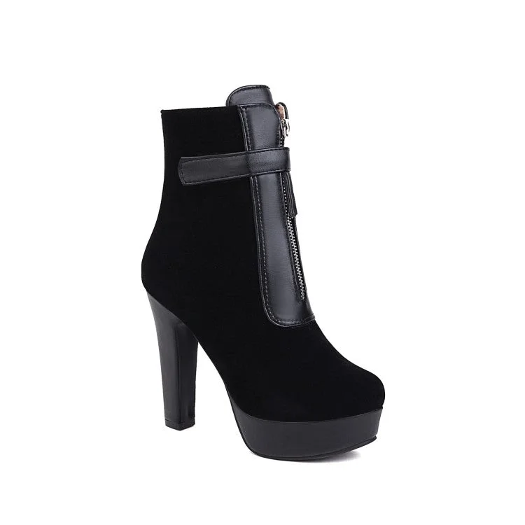 Women Zipper Block High Heel Short Boots