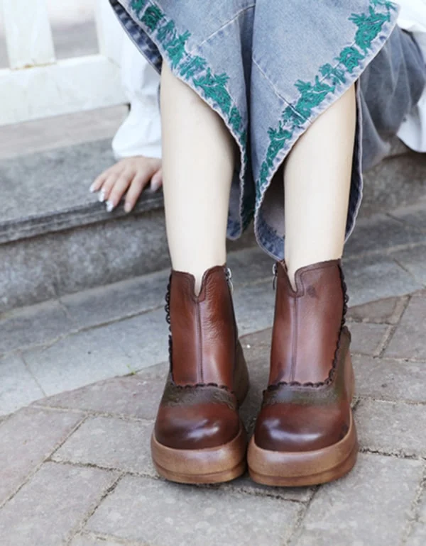 Autumn Handmade Carved Retro Leather Platform Boots