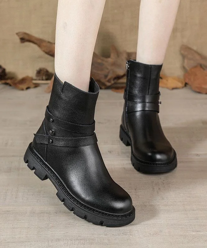 Black Genuine Leather Platform  flat boots