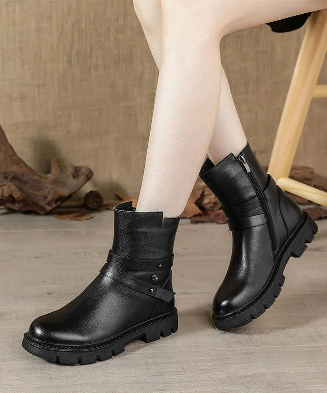 Black Genuine Leather Platform  flat boots