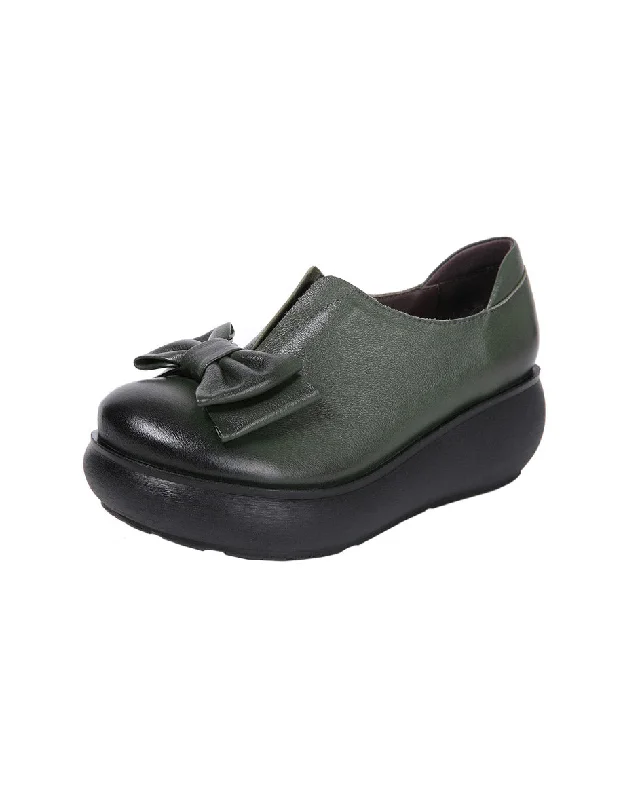 Autumn Leather Retro Bowknot Platform Shoes