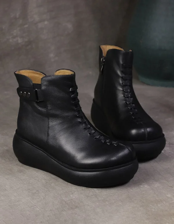 OBIONO Retro Leather Handmade Platform Boots