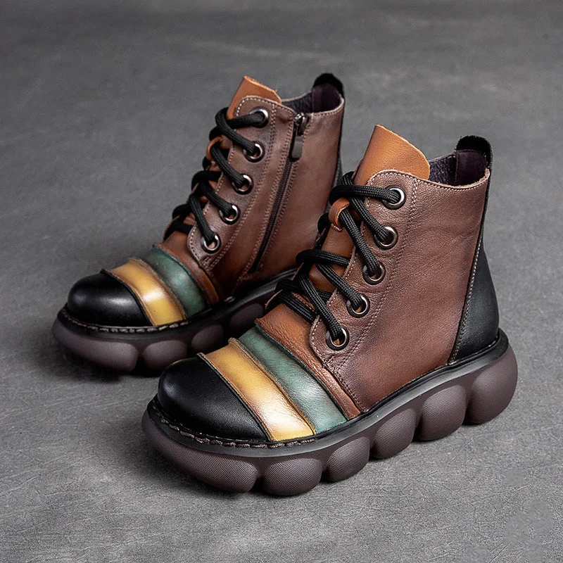 Women Color Matching Leather Casual Platform Boots