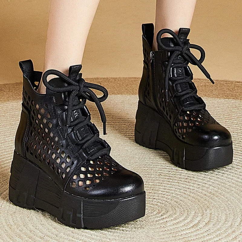 Women Retro Hollow Leather Platform Boots