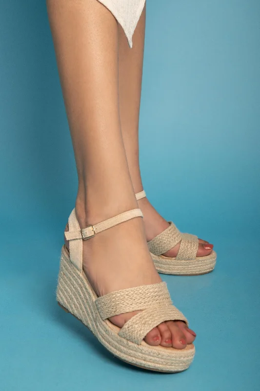 Espadrille Ankle-Strap Wedges - Beige